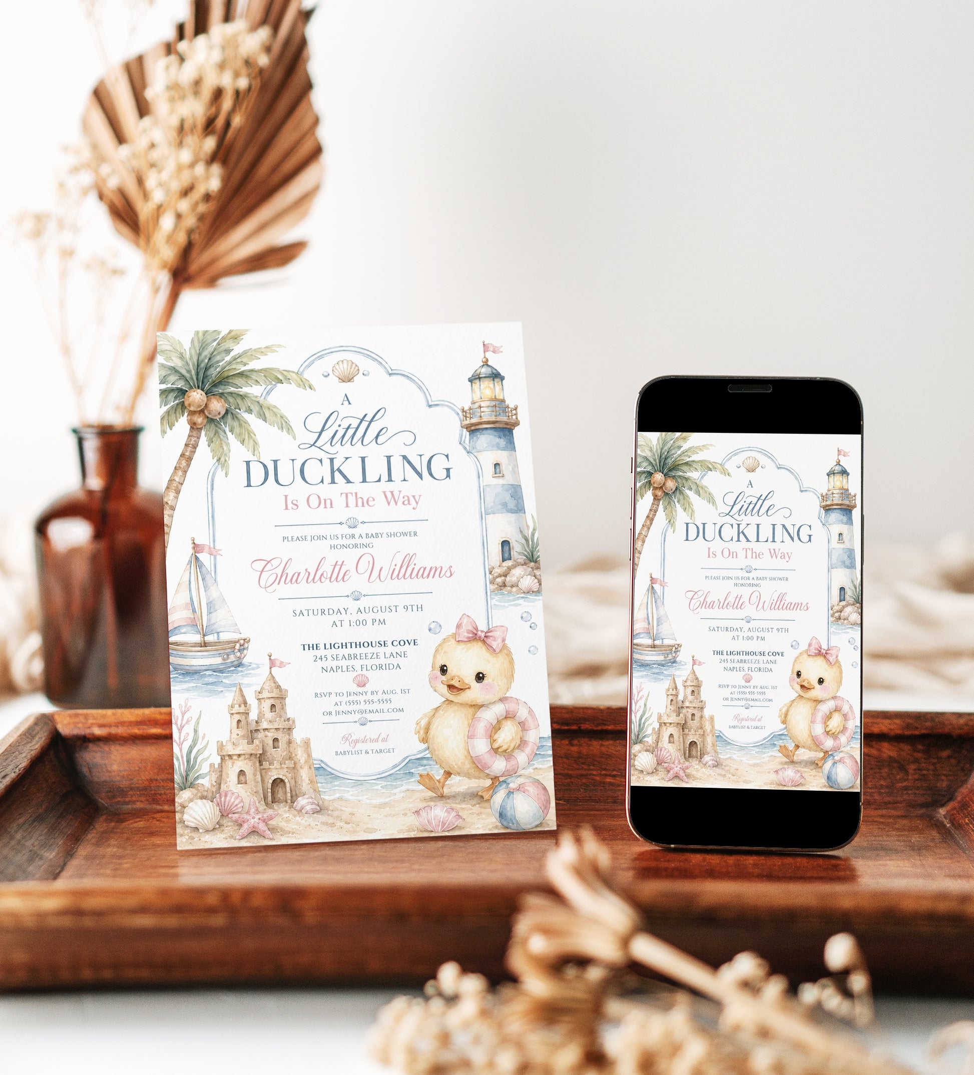 Beach duckling baby shower invitation with baby duck, pink bow, sailboat, lighthouse, sandcastle, seashells, starfish, ocean waves, and soft pastel girl shower details