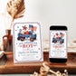 All-American boy birthday invitation featuring a wagon, American flag, baseball and stars in red, white and blue.
