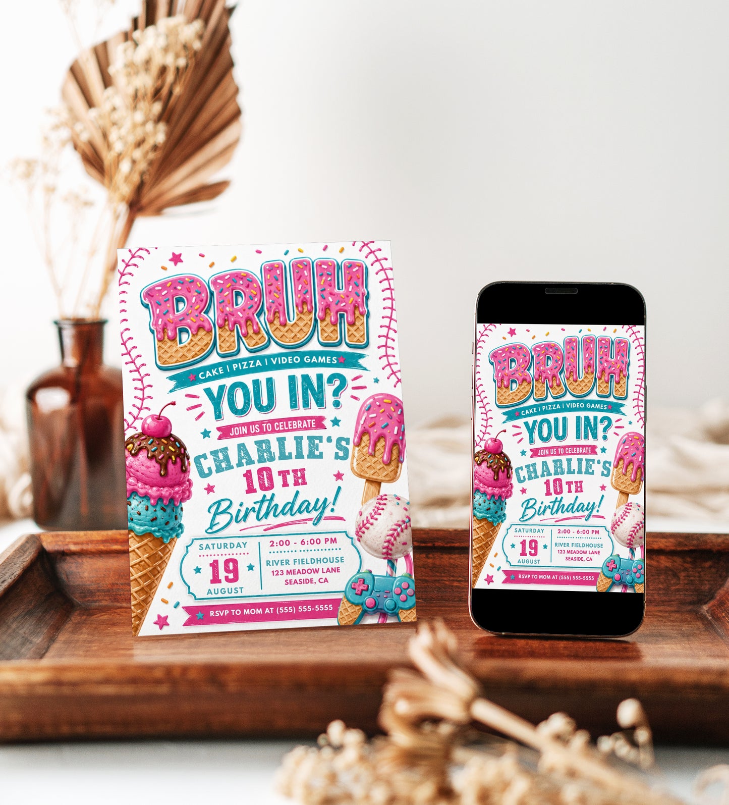 Bruh you in birthday invitation with ice cream cone, cake, baseball, video game controller, waffle letters, sprinkles, and teal pink party details