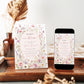 Editable baby in bloom wildflower baby shower invitation Canva template with watercolour roses, cosmos, lavender, and butterfly details framing a blush arch, shown with front and back of card
