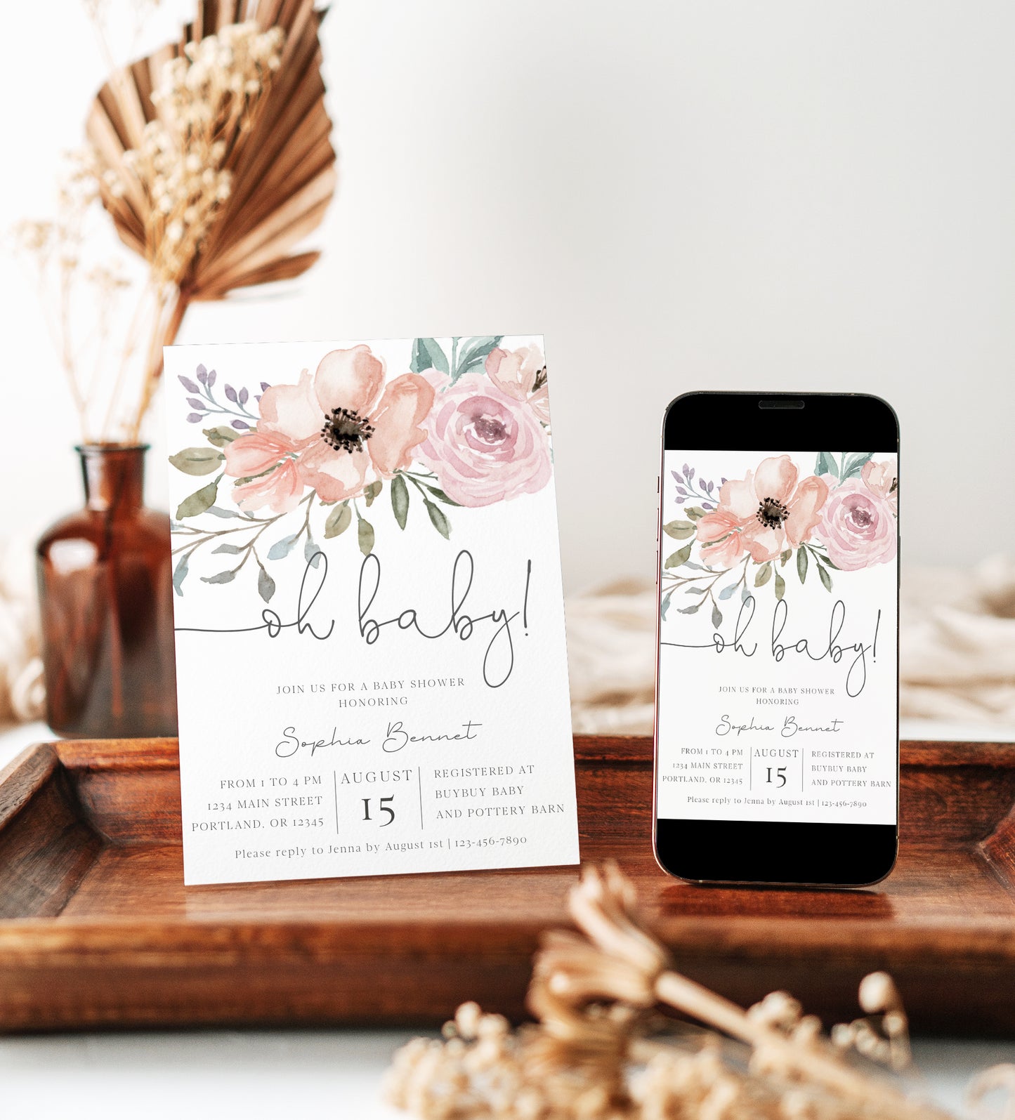 Oh baby floral baby shower invitation with watercolor blush and dusty rose flowers and greenery in soft pink and sage