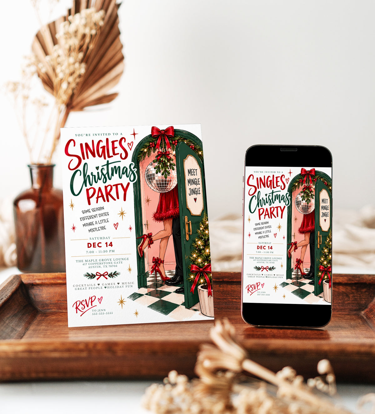 Singles Christmas party invitation with a green doorway, hanging mistletoe and disco ball, a couple’s legs in red heels and black dress shoes, and festive red bows