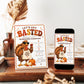 Thanksgiving dinner invitation with Let’s Get Basted headline, cartoon turkey wearing sunglasses and holding a wine glass, and fall pumpkins