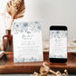 Dusty blue and cream floral bridal brunch invitation template with watercolor roses and botanicals in muted blue and sage, editable in Canva