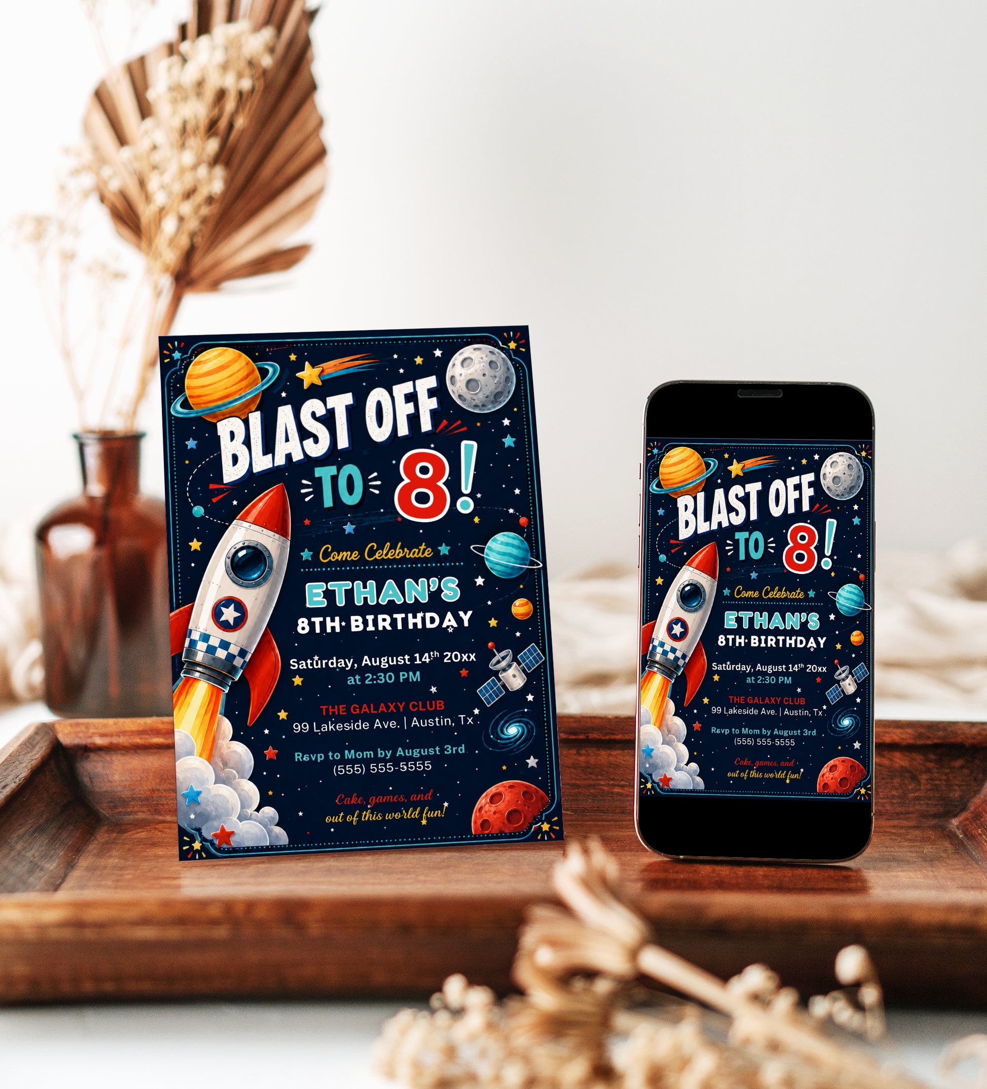 Space birthday party invitation with a rocket, planets, and stars on a navy galaxy background