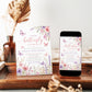 Editable pink and purple butterfly baby shower invitation Canva template with watercolour peonies, lavender, cosmos, and butterfly details on a soft blush background, shown with front and back of card