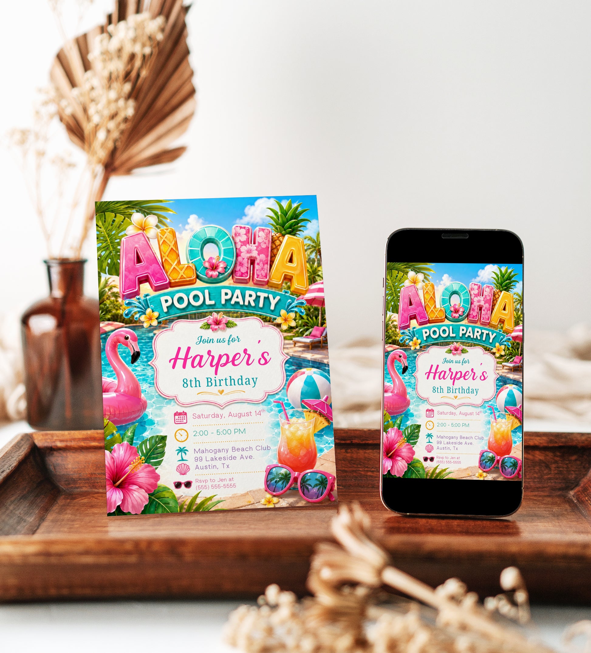 Aloha pool party birthday invitation featuring a tropical swimming pool, pink flamingo float, hibiscus flowers, beach ball, sunglasses and fruit drink.
