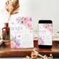 Editable baby in bloom butterfly baby shower invitation Canva template with watercolour peonies, roses, anemones, lavender, and purple and pink butterflies on a soft white background
