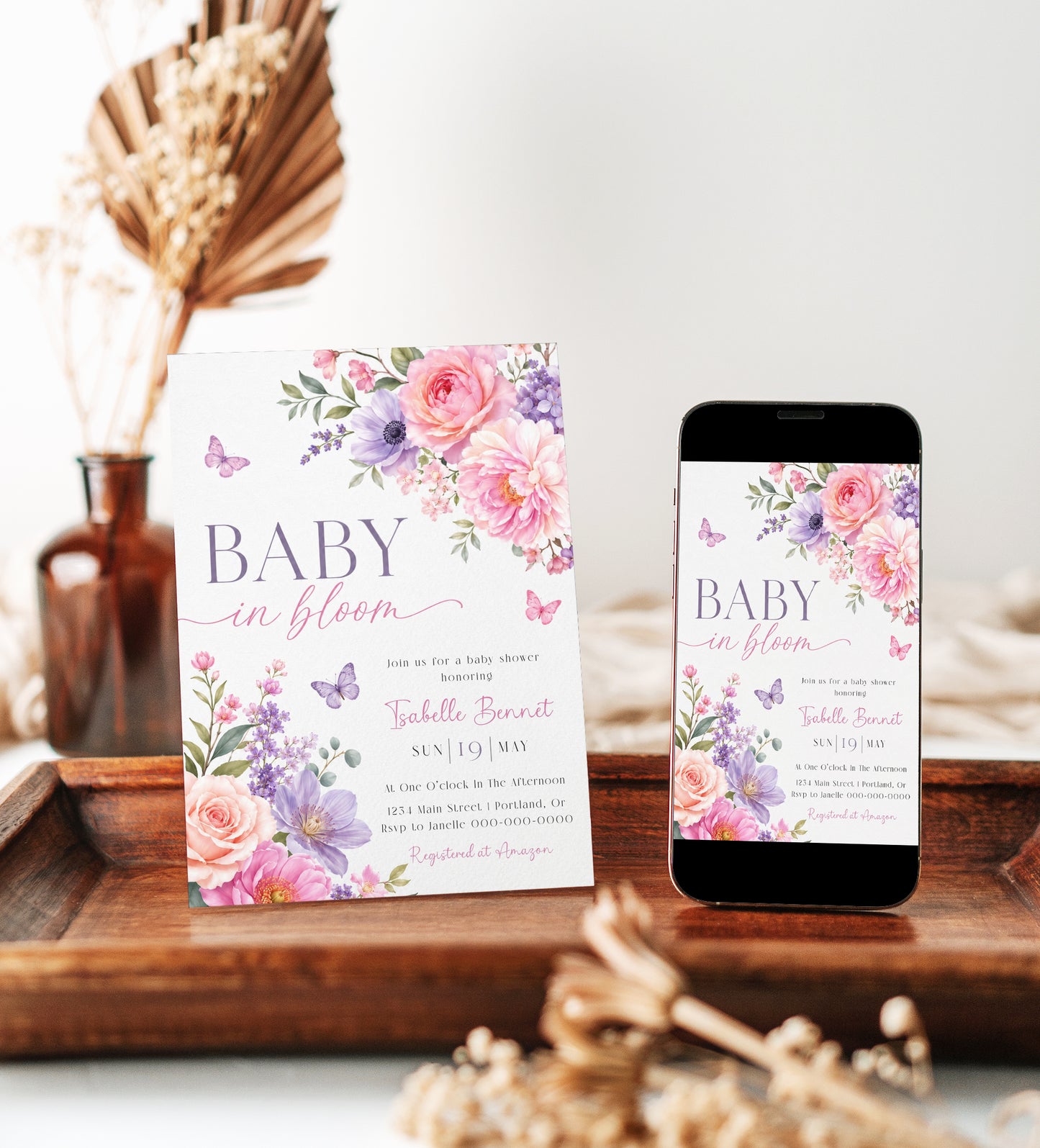 Editable baby in bloom butterfly baby shower invitation Canva template with watercolour peonies, roses, anemones, lavender, and purple and pink butterflies on a soft white background