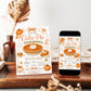 Cutie pie baby shower invitation with pumpkin pie, pumpkins, gingham bows, autumn leaves, mini pies, and cozy fall baby shower details