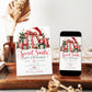 Secret Santa gift exchange invitation with red, green, and pink wrapped presents, oversized ribbon bows, a Santa hat, evergreen sprigs, holly berries, and gold stars