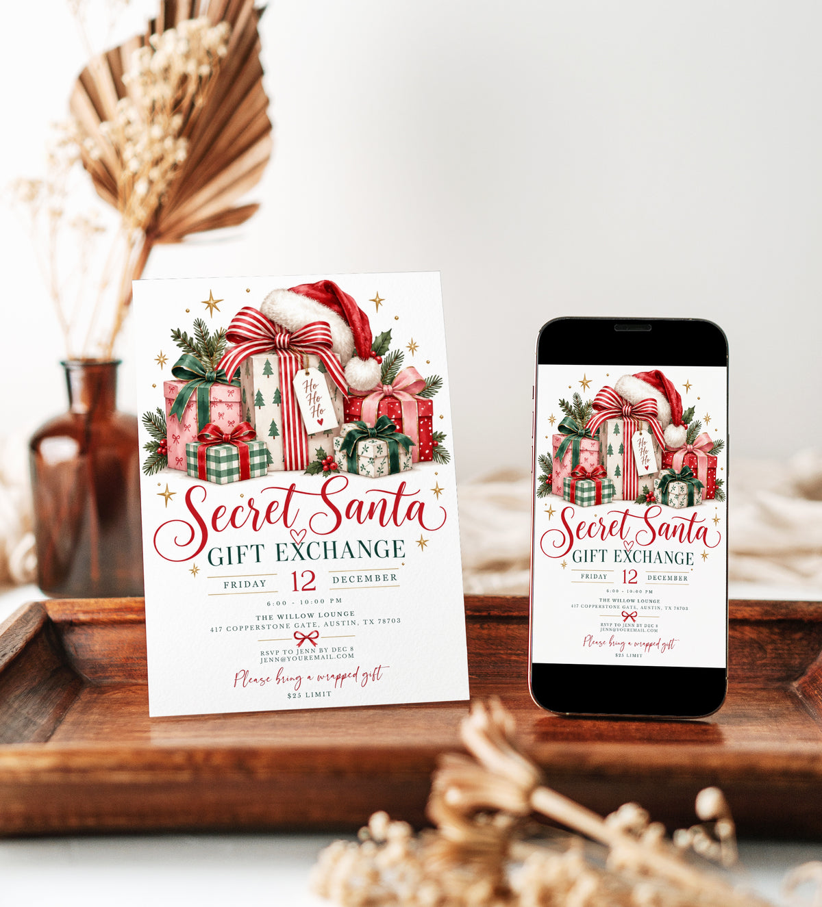 Secret Santa gift exchange invitation with red, green, and pink wrapped presents, oversized ribbon bows, a Santa hat, evergreen sprigs, holly berries, and gold stars