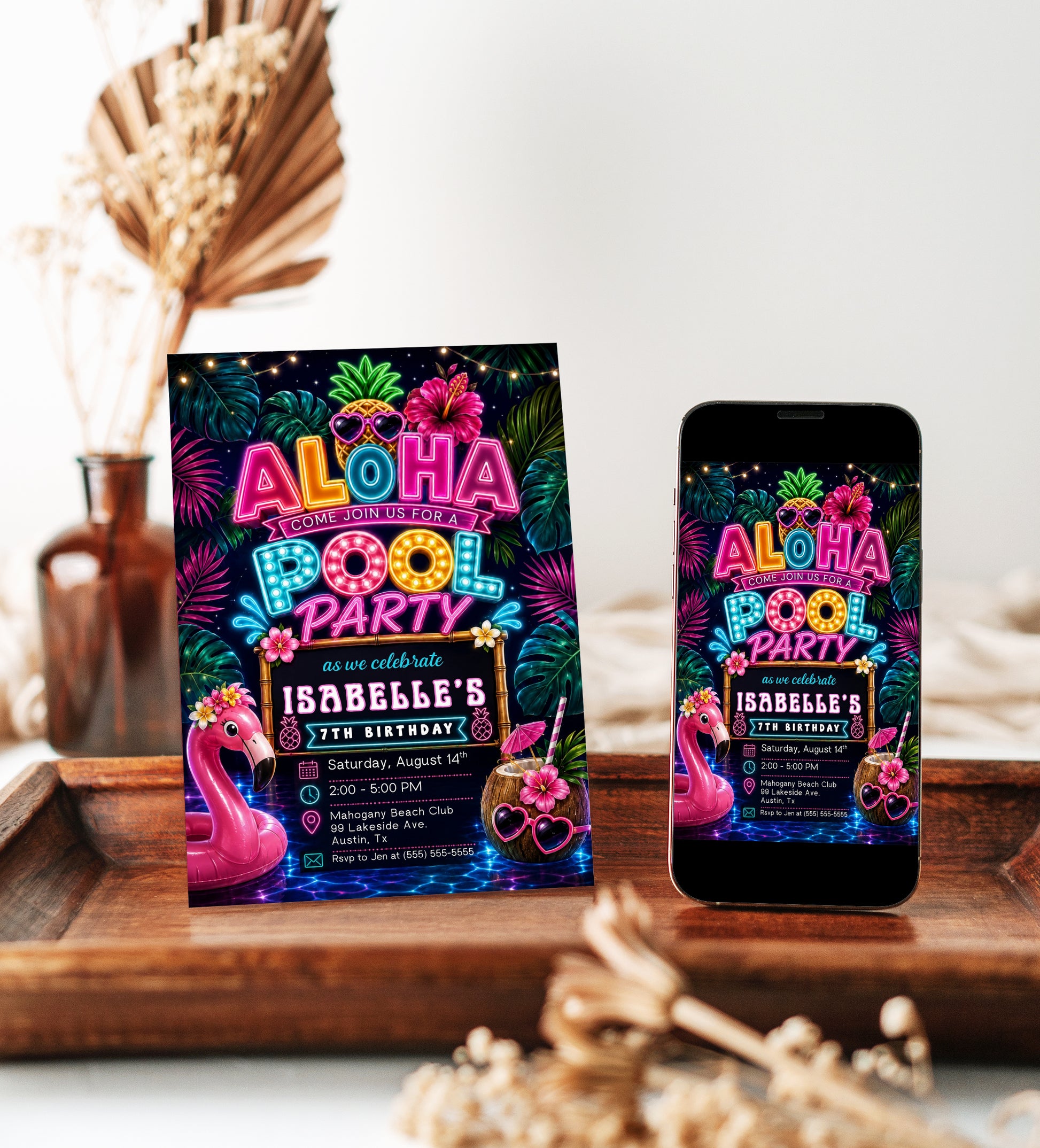 Neon Aloha pool party birthday invitation featuring a glowing pineapple, pink flamingo float, hibiscus flowers, palm trees and colorful tropical lights.