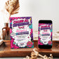 Girls superhero birthday invitation featuring a pink comic book design with cape, mask, city skyline, stars, lightning bolts and bold action graphics.
