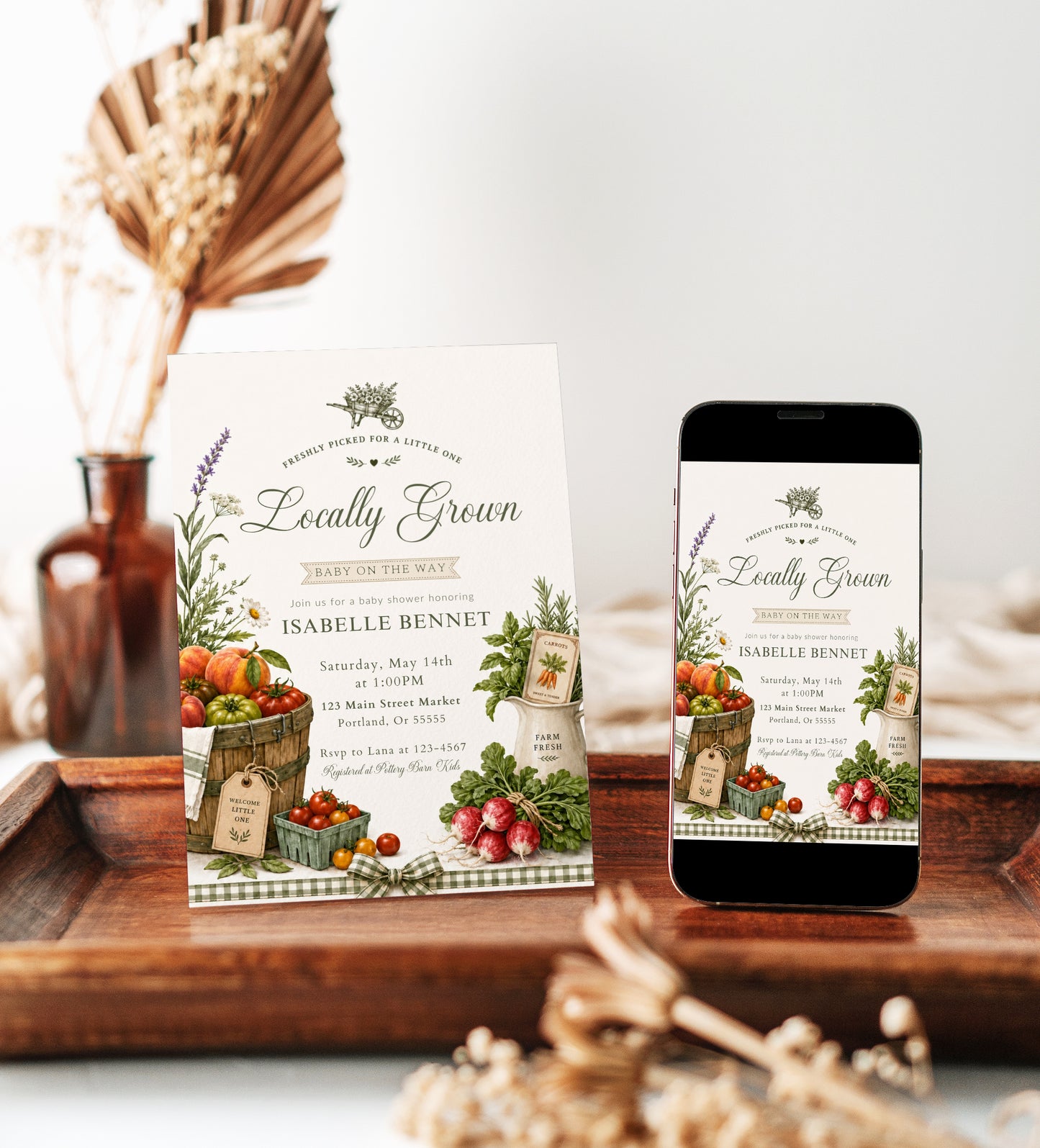 Farmers market baby shower invitation with a basket of heirloom tomatoes, peaches, and fresh herbs in sage green and cream