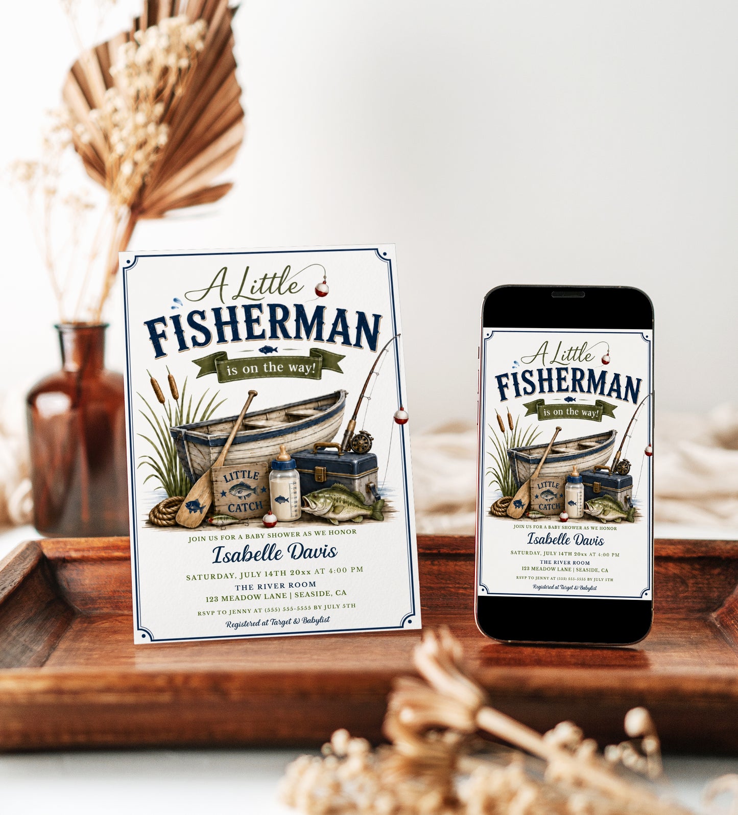Fishing baby shower invitation with a rowboat, tackle box, and bass fish in navy and green