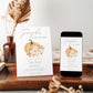 Little pumpkin fall baby shower invitation template with watercolor orange pumpkin, cream roses, and gold calligraphy script, editable in Canva