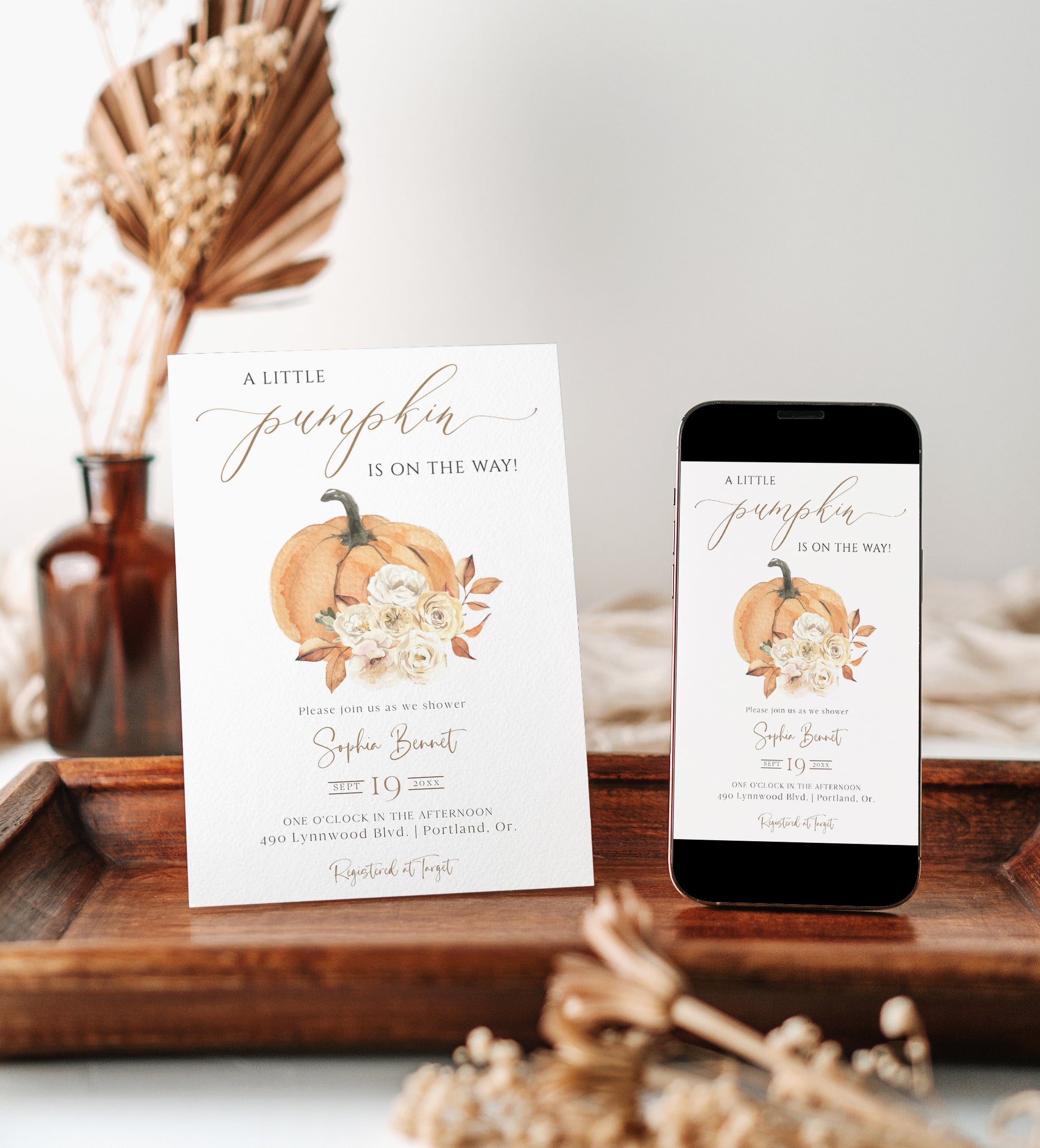 Little pumpkin fall baby shower invitation template with watercolor orange pumpkin, cream roses, and gold calligraphy script, editable in Canva