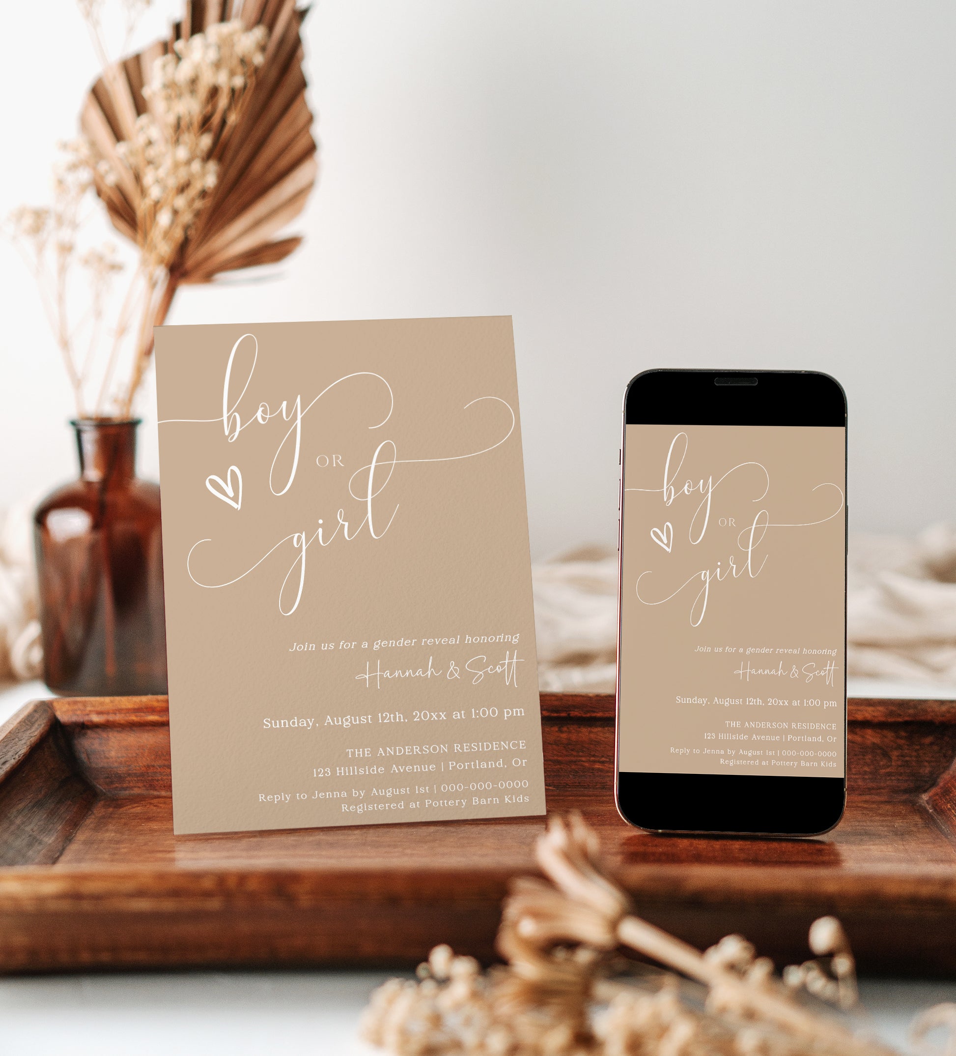 Gender reveal invitation with beige background and white script, editable online with Corjl | www.foreveryourprints.com