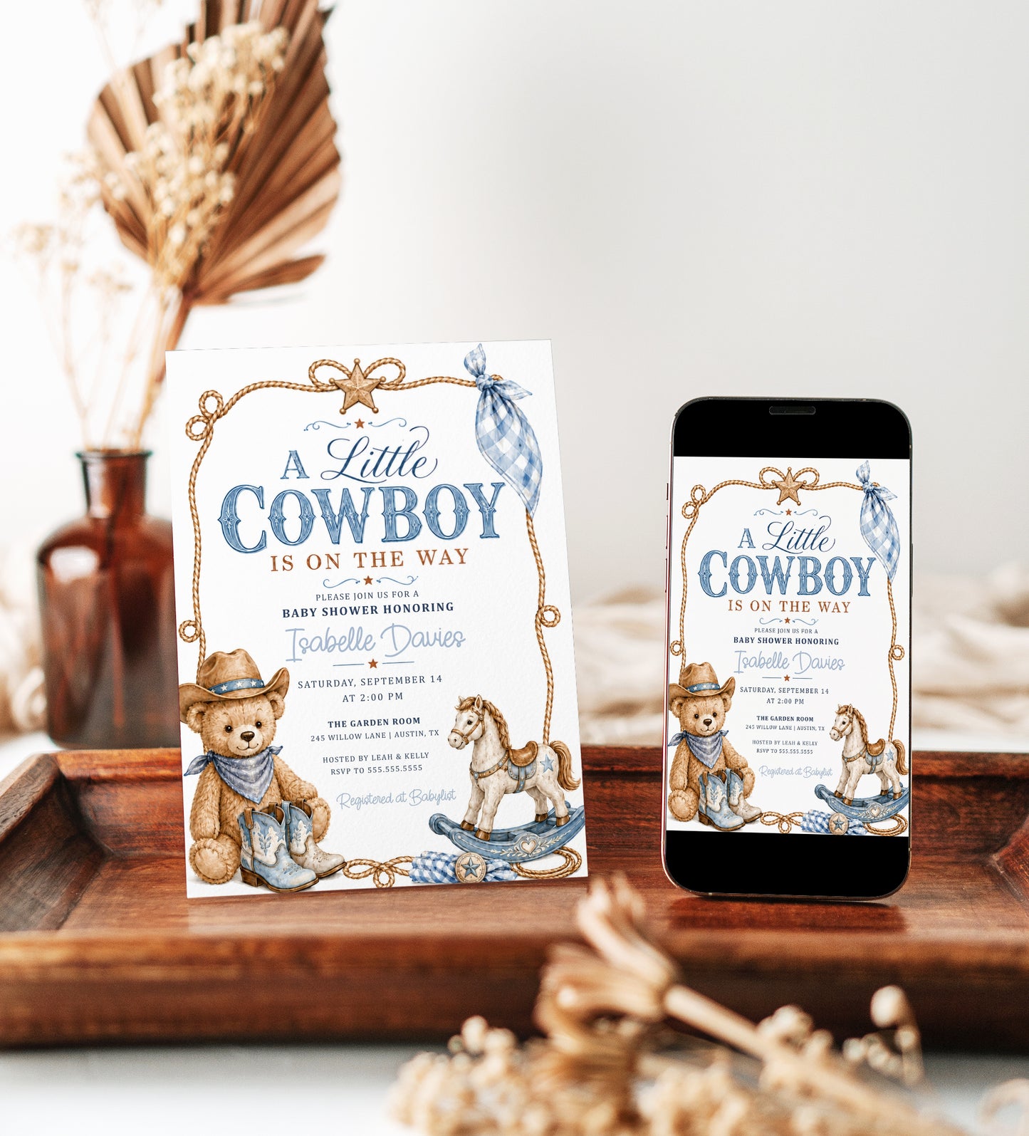 Little cowboy baby shower invitation with teddy bear cowboy, blue cowboy boots, rocking horse, rope border, sheriff star, gingham bandana, and western details