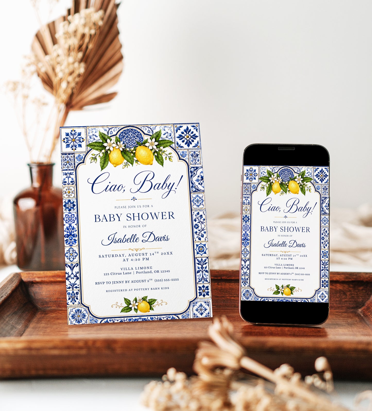 Italian ciao baby shower invitation with blue Mediterranean tiles and lemons in blue, white, and yellow