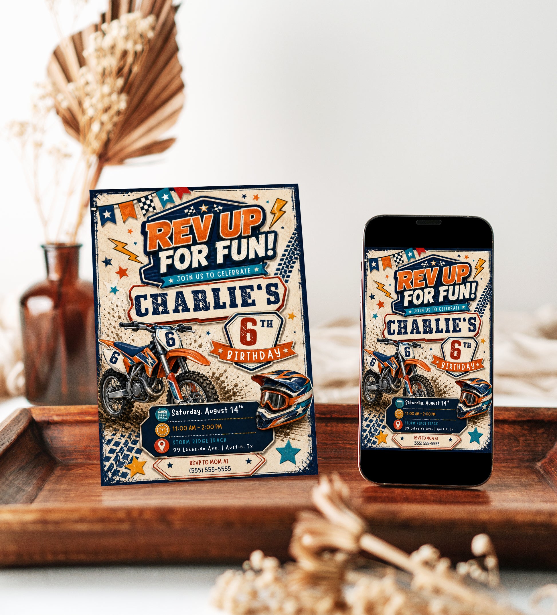 Dirt bike birthday invitation with orange motorcycle, racing helmet, checkered flags, tire tracks, stars, and bold motocross party details