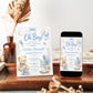 Editable oh boy baby shower invitation Canva template with watercolour teddy bear, baby blocks, vintage pram, rocking horse, balloons, and sleepy moon on a white background with blue border