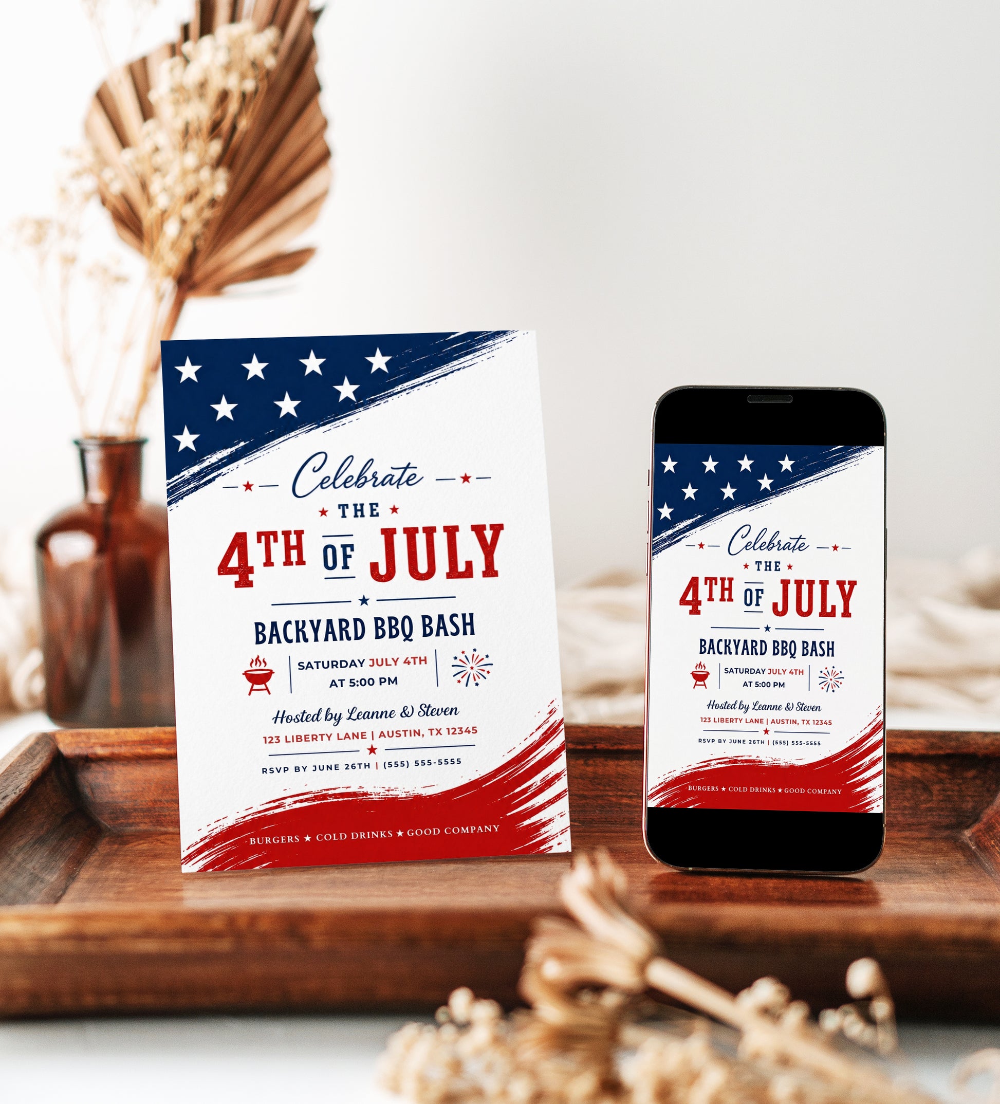 Editable 4th of July backyard BBQ bash invitation Canva template with navy and red brushstroke flag elements, distressed red display lettering, BBQ grill icon, fireworks graphic, and flowing script on a white background