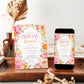 Editable citrus floral bridal brunch invitation Canva template with watercolour peonies, garden roses, cherry blossoms, and orange slices in pink, coral, and peach tones on a white background