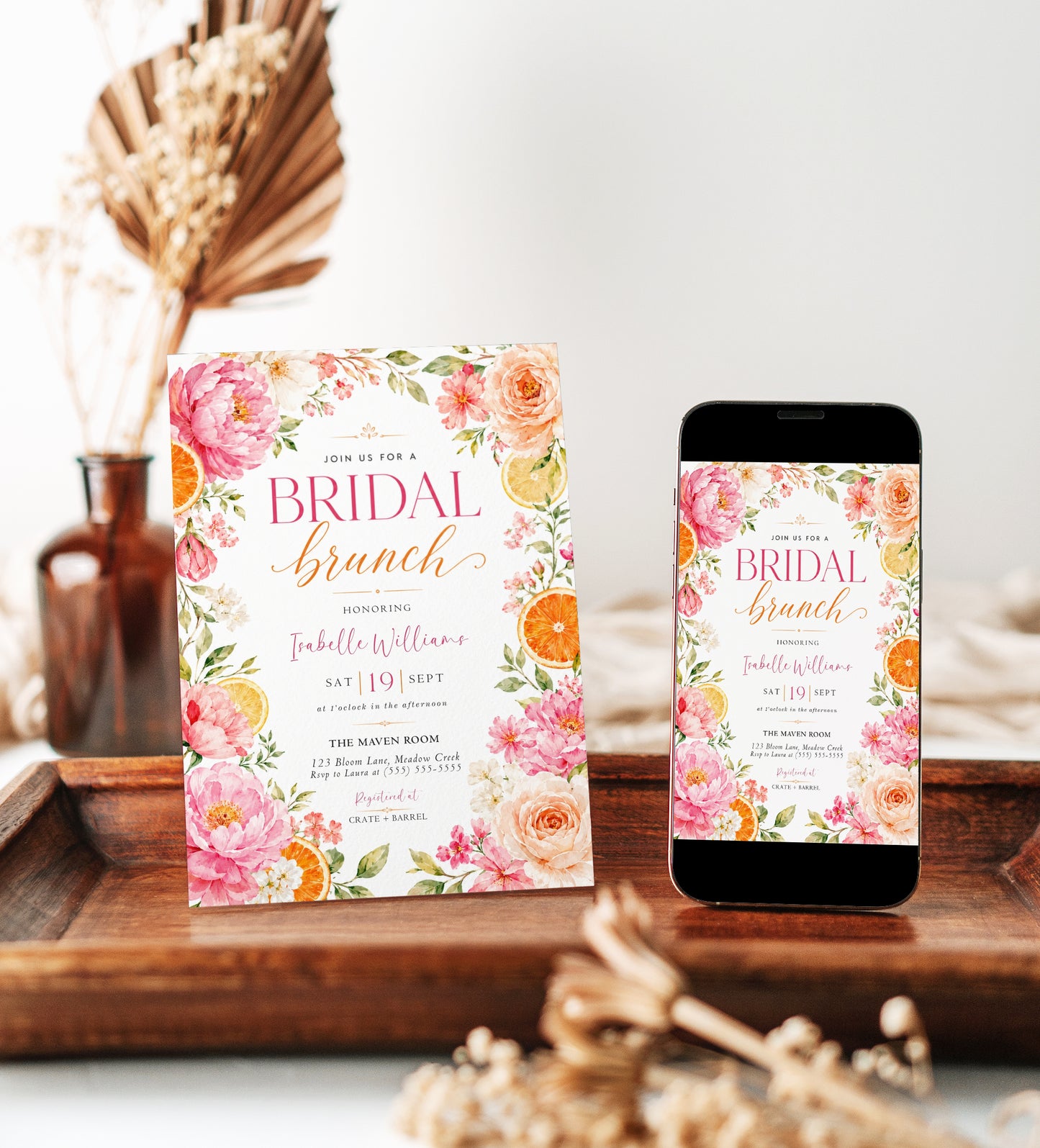 Editable citrus floral bridal brunch invitation Canva template with watercolour peonies, garden roses, cherry blossoms, and orange slices in pink, coral, and peach tones on a white background