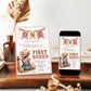 A rustic western-themed first birthday invitation card with an illustrated child at a rodeo.