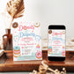 Editable donuts and diapers baby shower invitation Canva template with illustrated donuts, diapers, baby bottle, wipes, hearts and sprinkles in pink, mint, and blue on a white background