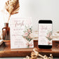 Editable fresh off the market bridal shower invitation Canva template with watercolour blush rose bouquet, baby's breath, eucalyptus, dusty rose bow, and script typography on a soft blush background with frame border