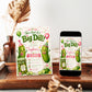 Big dill birthday invitation with cute pickle characters, party hats, balloons, pink bows, pickle jar, flowers, greenery, and green pink party details