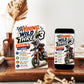 Young wild and three motocross invitation with dirt bike rider, checkered flags, racing helmet, muddy tire splashes, stars, lightning accents, and bold boys 3rd birthday details