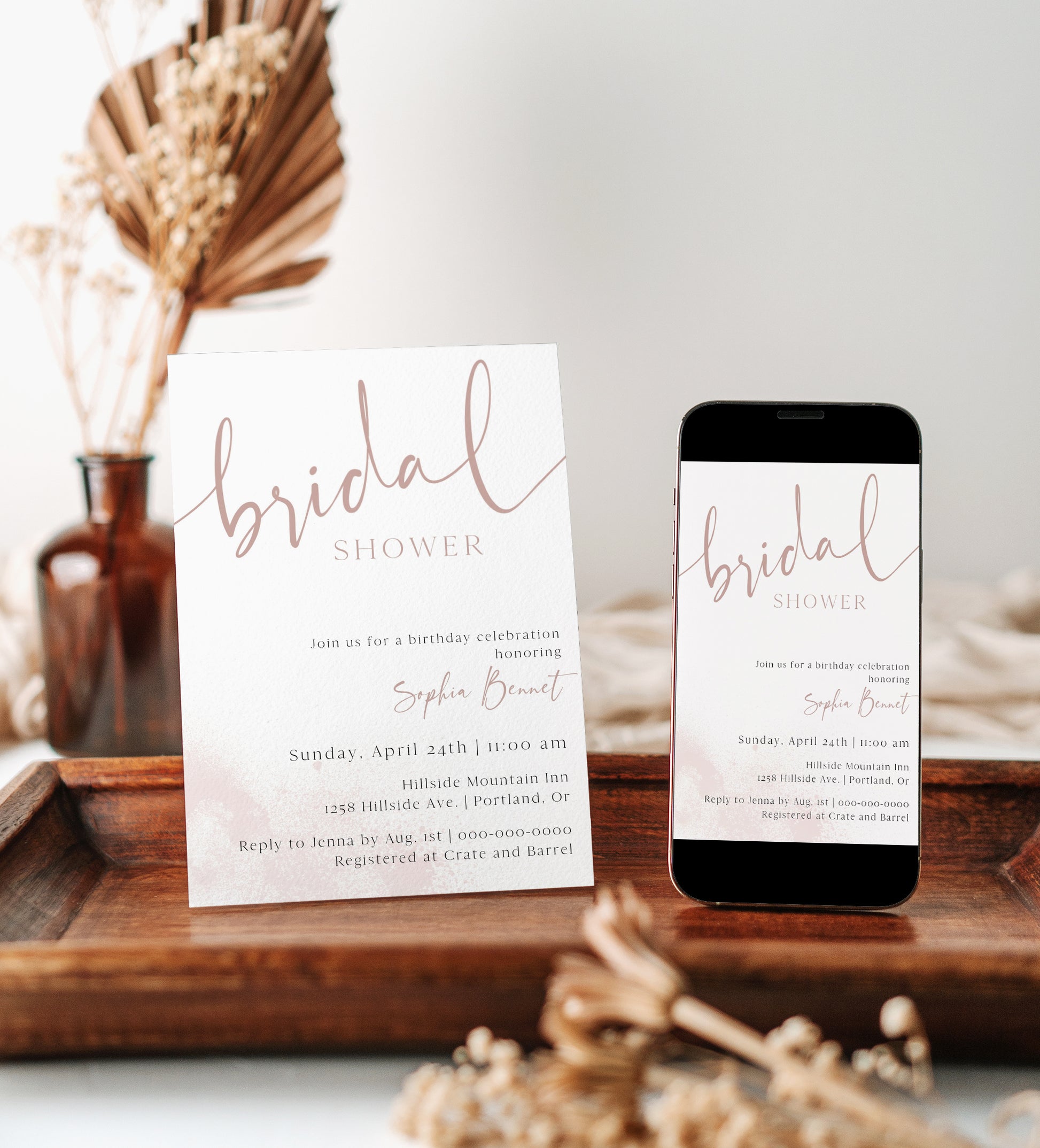 Latte minimalist bridal shower invitation template with oversized dusty rose calligraphy script and soft watercolor wash, editable in Canva