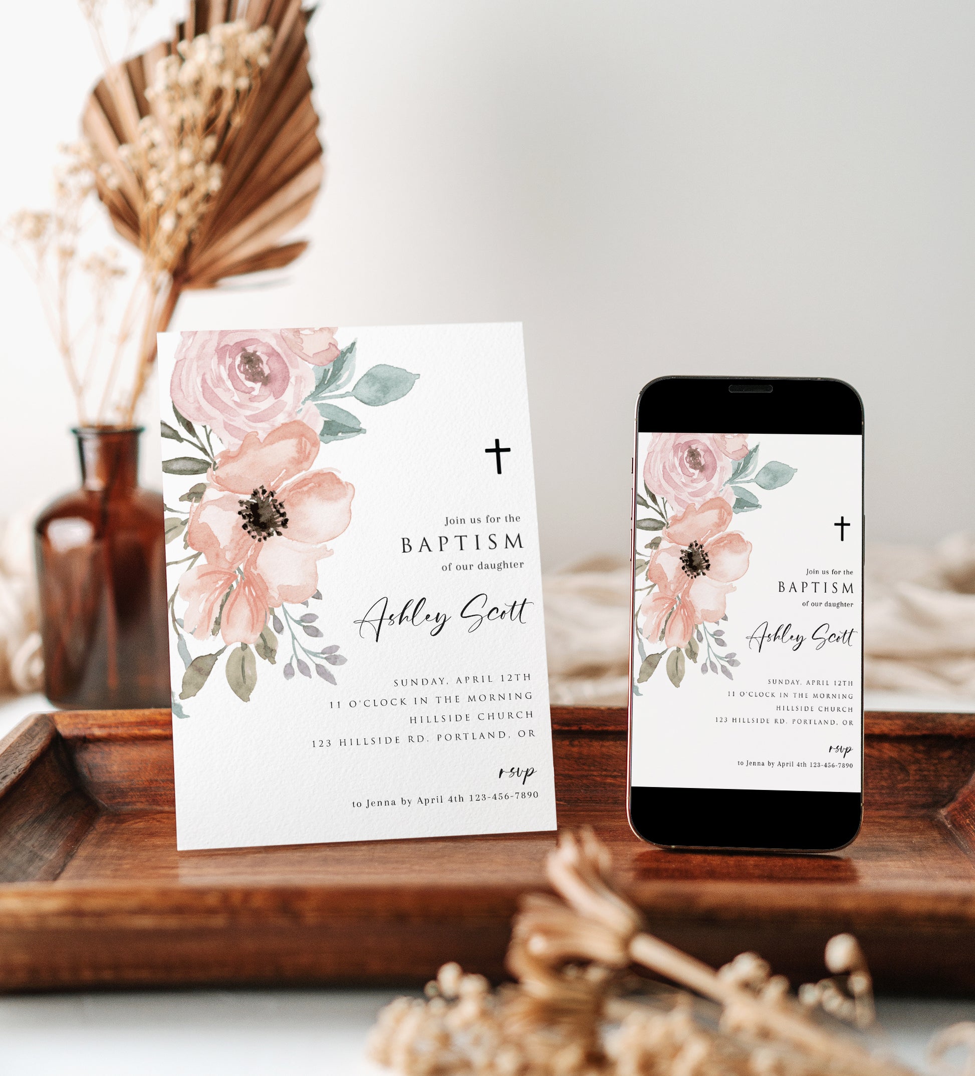 Floral Baptism Invitation | www.foreveryourprints.com