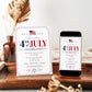 Editable 4th of July celebration invitation Canva template with waving American flag, bold red and navy display lettering, star accents, firework burst, and double border frame on a white background