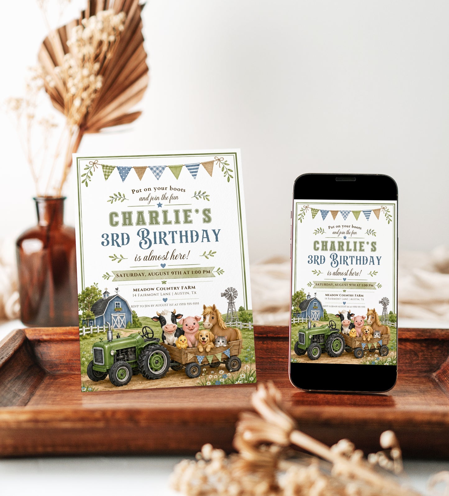 Tractor farm birthday invitation with a green tractor, wagon of farm animals, and blue barn in green and blue