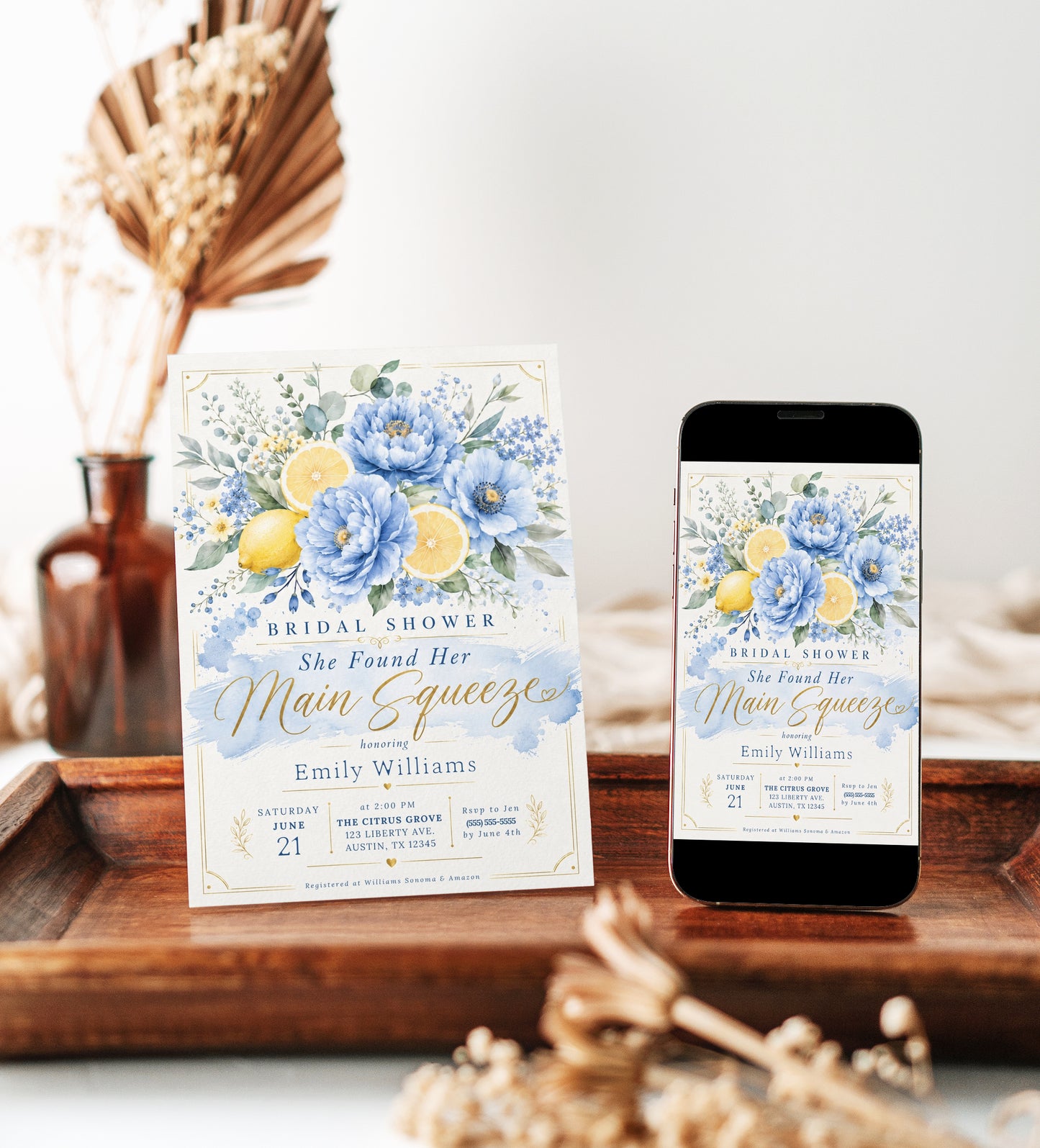 Main squeeze bridal shower invitation with blue peonies, lemons, and citrus slices in dusty blue and yellow