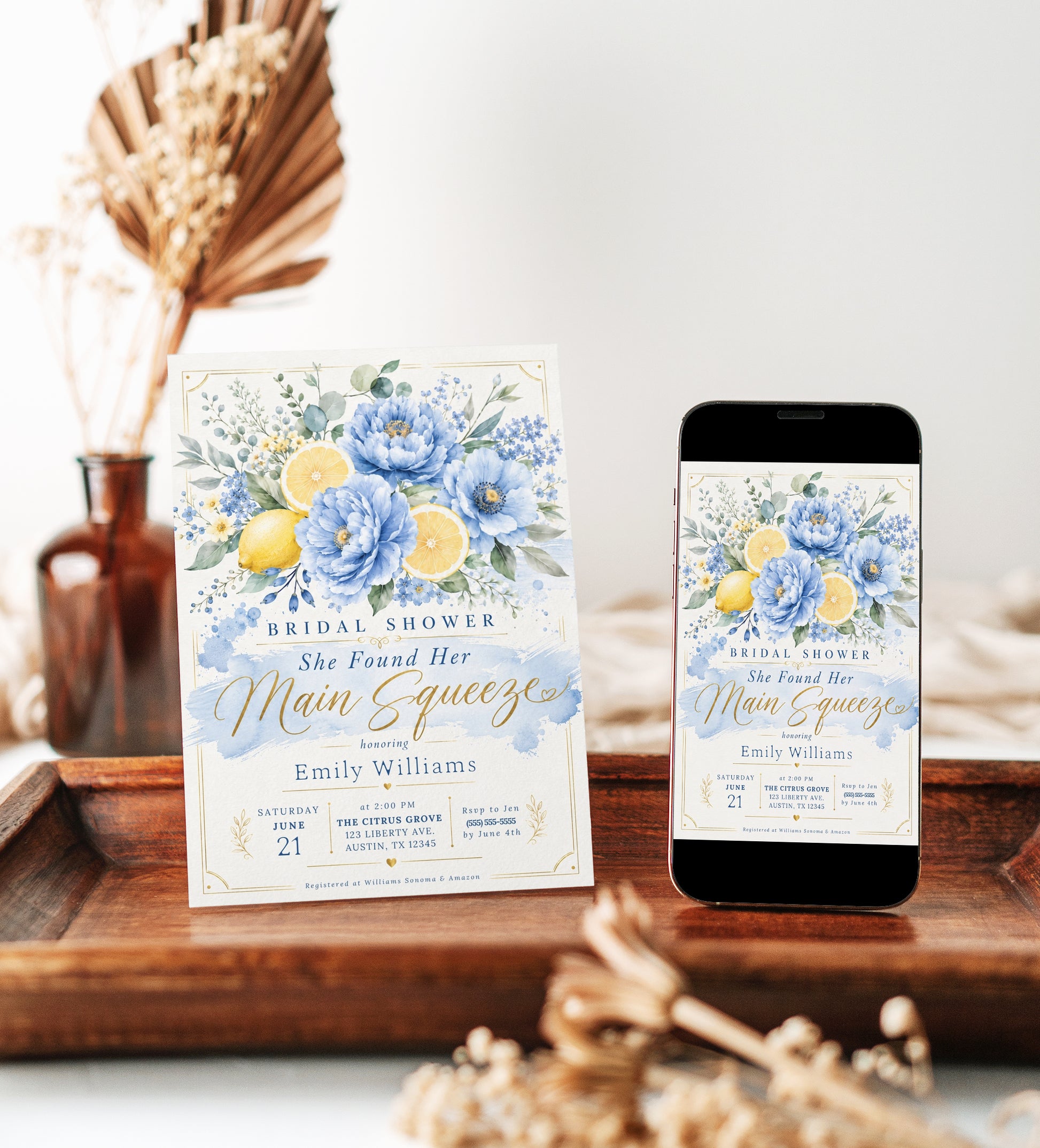 Main squeeze bridal shower invitation with blue peonies, lemons, and citrus slices in dusty blue and yellow