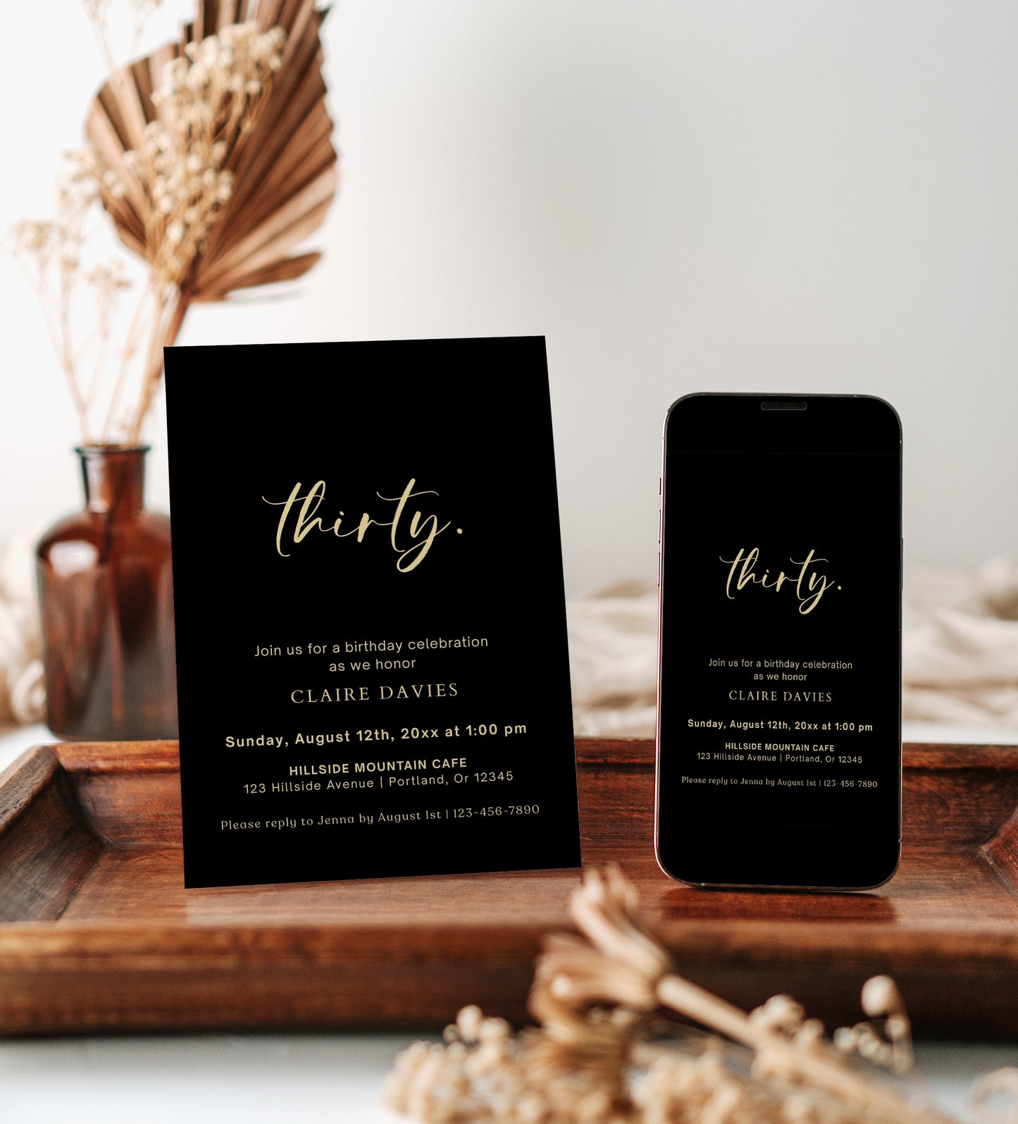 Black and gold 30th birthday invitation template with gold calligraphy script on dramatic black background, editable in Canva