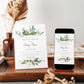 Greenery botanical couples shower invitation template with watercolor tropical leaves, gold line borders, and peach floral accent, editable in Canva