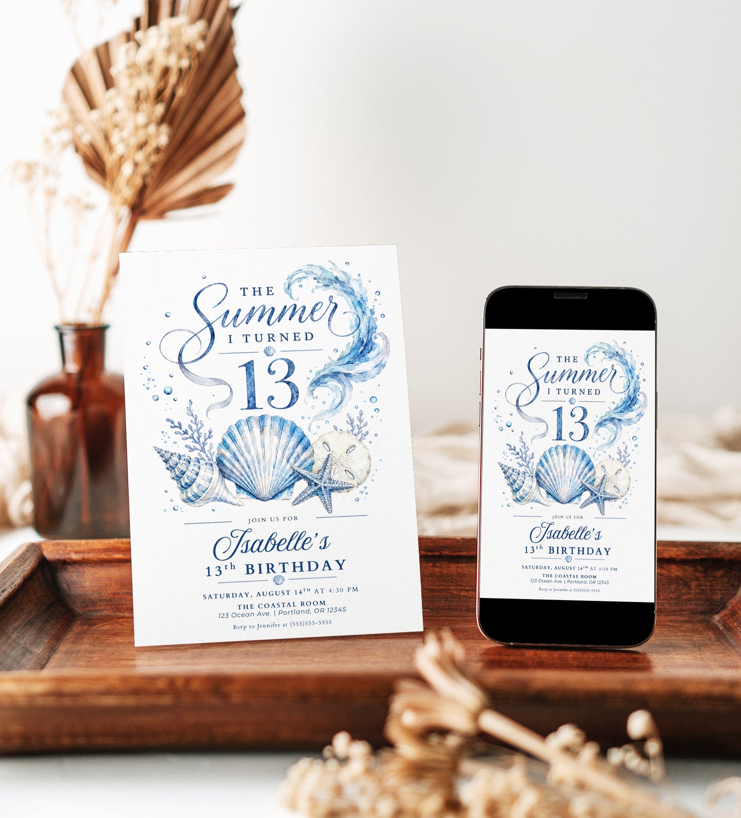 The summer I turned 13 birthday invitation with blue watercolor waves, seashells, starfish, sand dollar, coral, bubbles, and elegant beach details