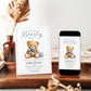 We can bearly wait baby shower invitation with watercolor teddy bear, blue bow tie, stitched star pillow, scalloped border, and soft blue baby boy details