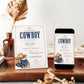 Editable Western cowboy baby shower invitation Canva template with illustrated cowboy hat, denim boots, horseshoe, bandana, lasso rope, and bold navy distressed typography on a warm cream background with Western border