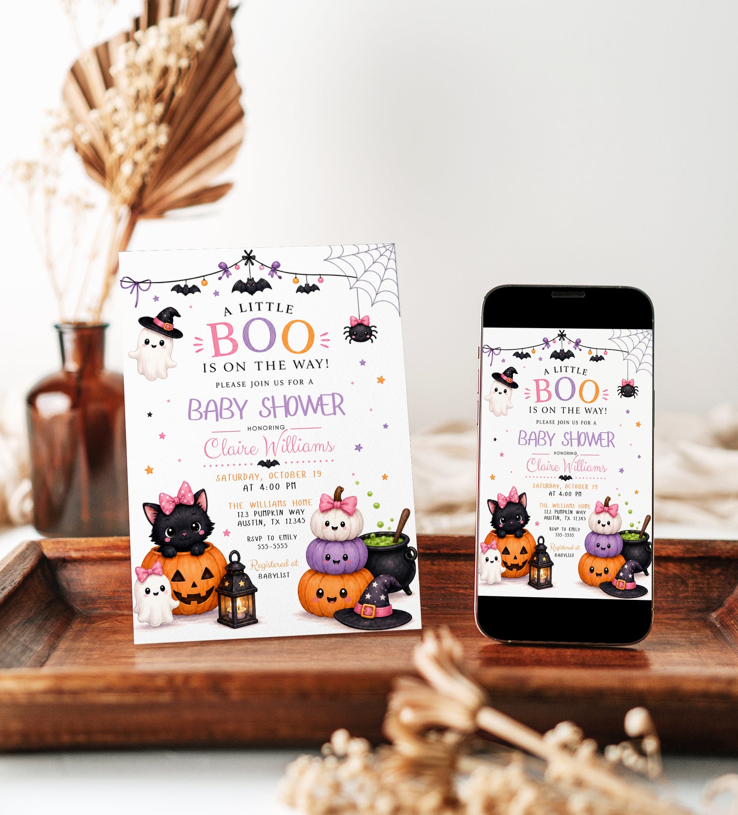 Halloween girl baby shower invitation with cute ghost, black cat, pumpkins, pink bows, bats, spiderwebs, witch hats, cauldron, and spooky-cute baby shower details