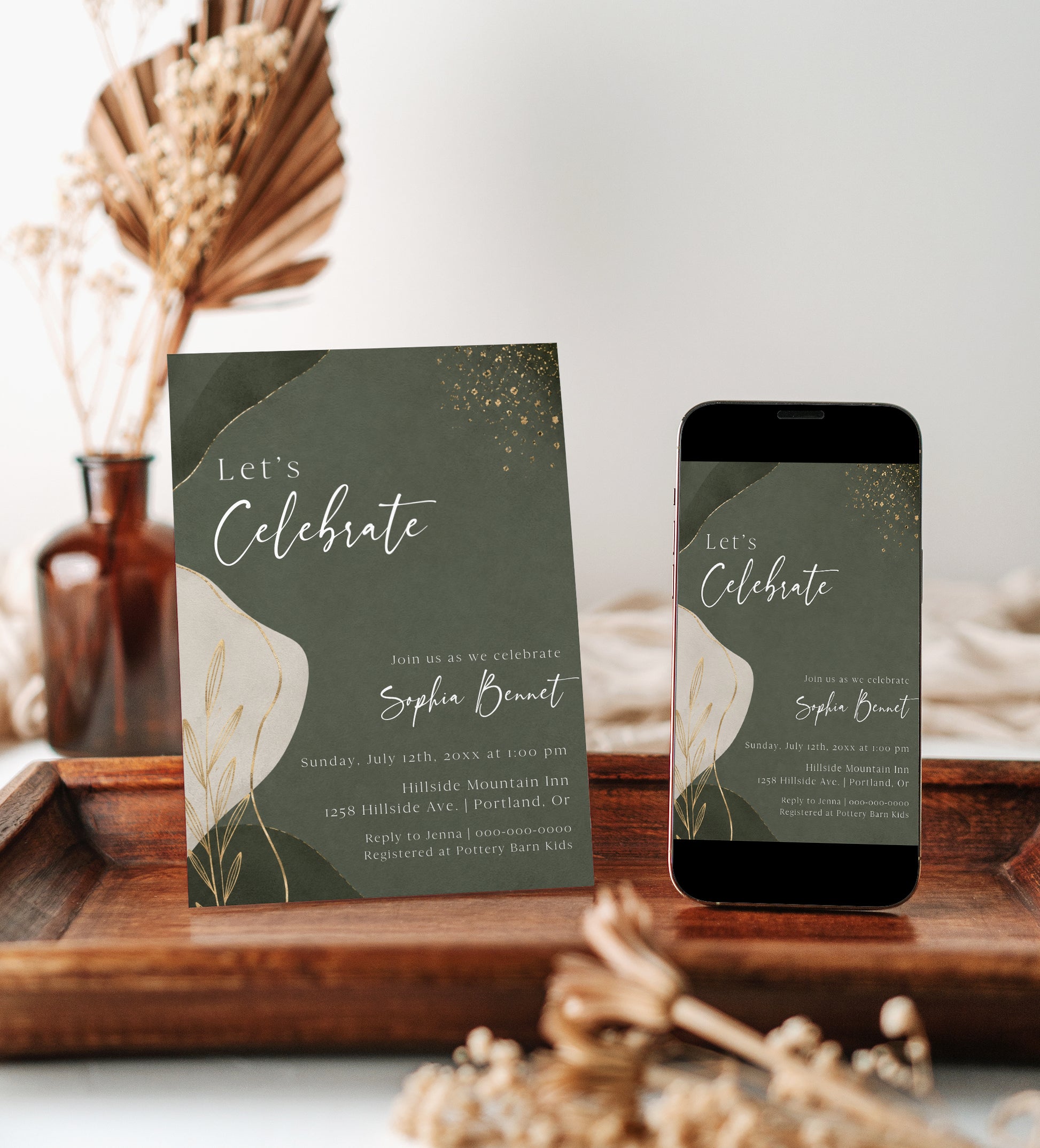 Editable sage green and gold birthday invitation Canva template with abstract shapes, cream botanical accent, gold foil scatter details, and script typography