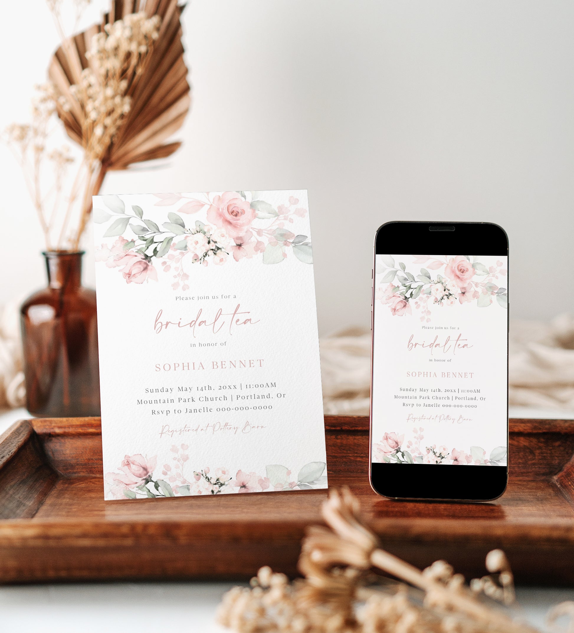 Blush pink and sage green watercolor floral bridal tea invitation template with roses and greenery, editable in Canva
