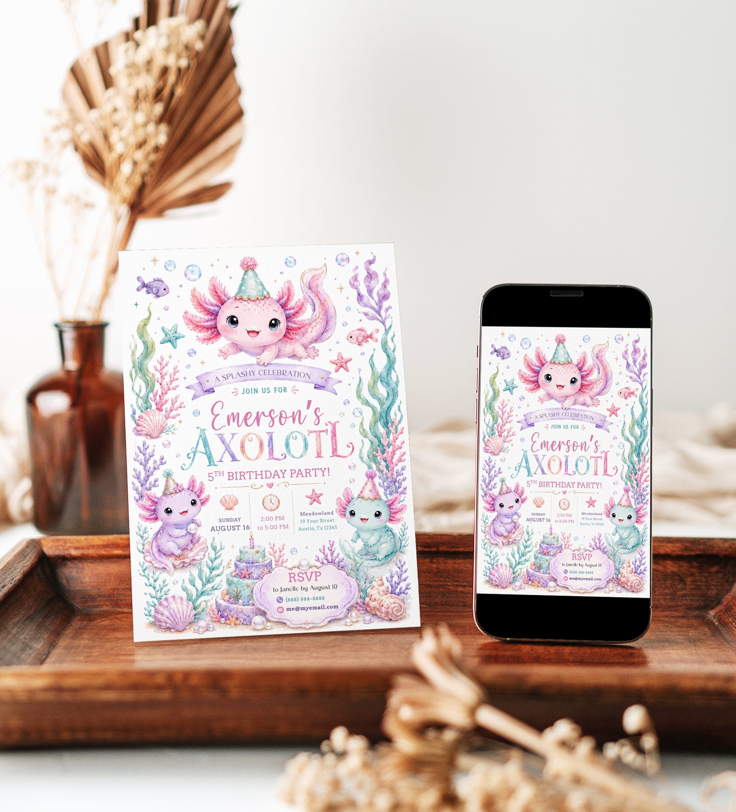 Axolotl birthday party invitation with pastel axolotls, coral, seashells, bubbles, starfish, pearls, ocean cake, and cute under the sea birthday details